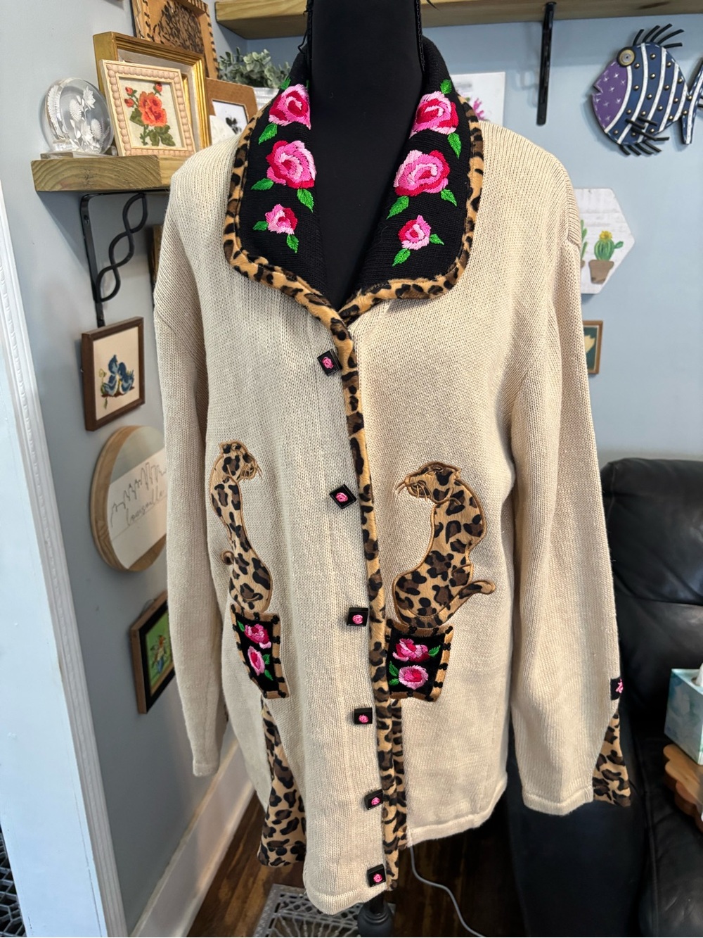 Vtg storybook knits leopard rose cardigan sweater womens L cottagecore animals
